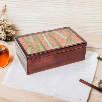 'Handcrafted Sugar Cane-Themed Pinewood Tea Box in Brown'