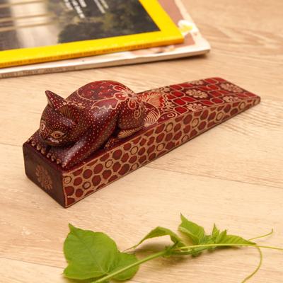 'Handmade Batik Cat-Shaped Pule Wood Door Stop in Warm Hues'