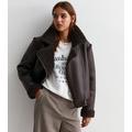 Dark Brown Faux Shearling Trim Cropped Aviator Jacket New Look