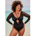 Plus Size Women's Mesh Sleeve Halter One-Piece Swimsuit by Swimsuits For All in Black (Size 24)