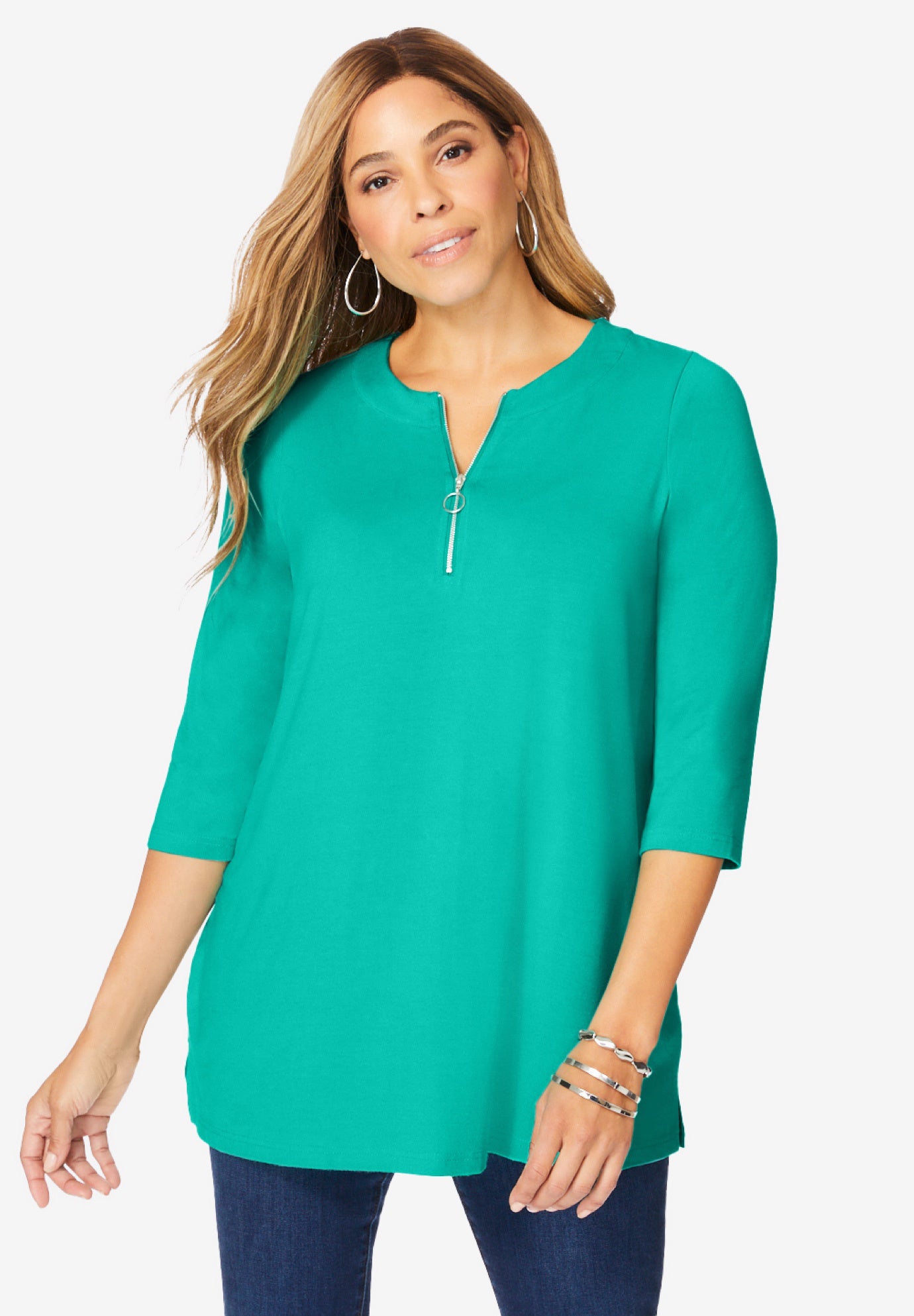 Plus Size Women's Stretch Knit Zip Tunic by Jessica London in Aqua Sea (Size S)