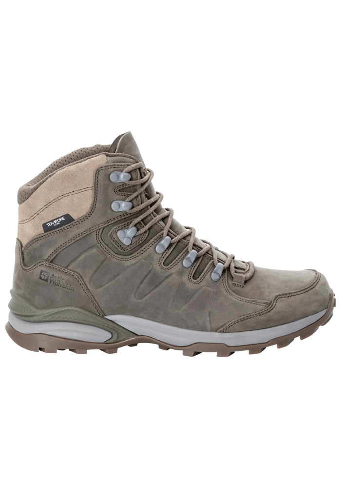 Trekkingschuh JACK WOLFSKIN "REFUGIO PRIME TEXAPORE MID M", Herren, Gr. UK95-EU44, Normalschaft, braun (cold, coffee), Hauptmaterial: Leather; ;Second Material: Synthetic; Futter: Texapore Ecosphere Pro ;Sole: Rubber / EVA; 100% Rubber/ EVA, Schuhe...