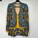 Free People Tops | Free People Peasant Tunic Floral Top Women's Size M Yellow & Blue Ruffle Rayon | Color: Blue/Yellow | Size: M