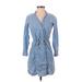 Lou & Grey Casual Dress - Shirtdress V Neck 3/4 sleeves: Blue Print Dresses - Women's Size 2X-Small
