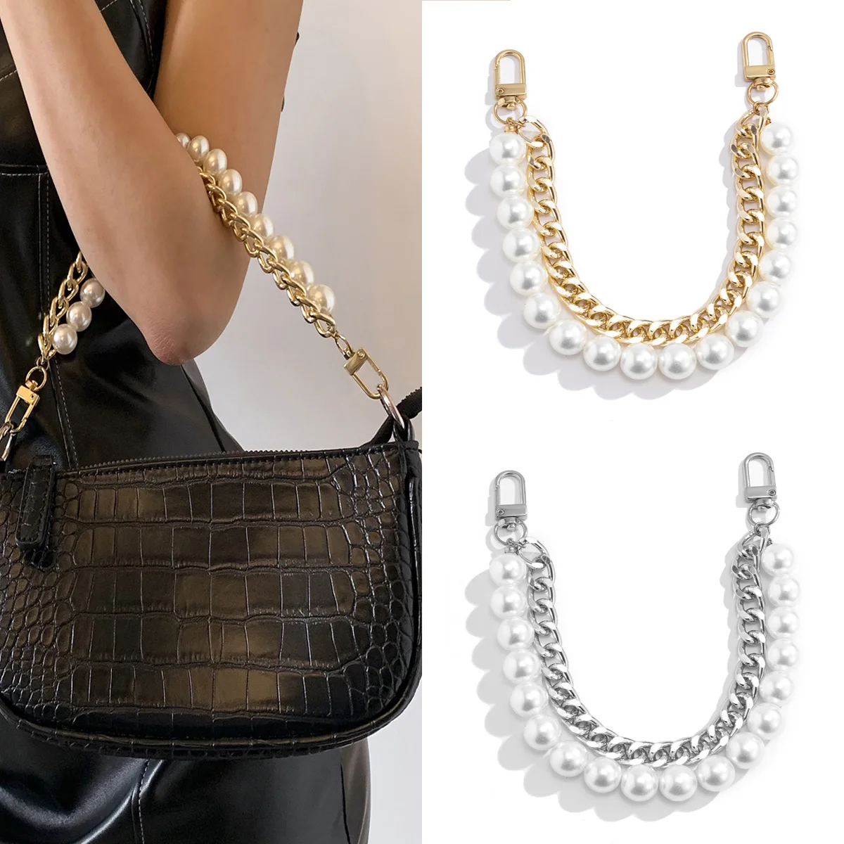Sangle de chaîne de perles de 24cm pour sac à main, accessoires de mode pour sacs à main, poignées pour sac à main, chaîne de sac en Imitation de perles, chaînes métalliques