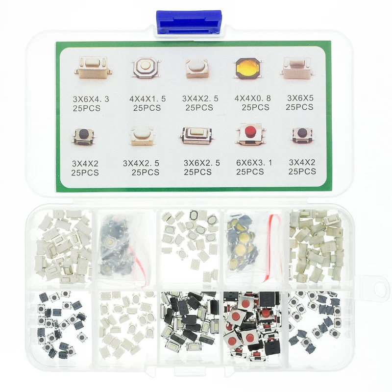 250 Stück 10 Arten taktiler Druckknopf-Touch-Schalter, Fernbedienung, Tasten, Knopf-Mikroschalter Image