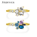 Andywen Sterling Silber Gold klares Wasser Ring Blume blauen Kreis Frauen Kristall neuen Frühling