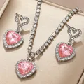 Rosa Barbie Pulver glänzend Kristall Pfirsich Herz Anhänger Ohrringe Halskette Schmuck Set für