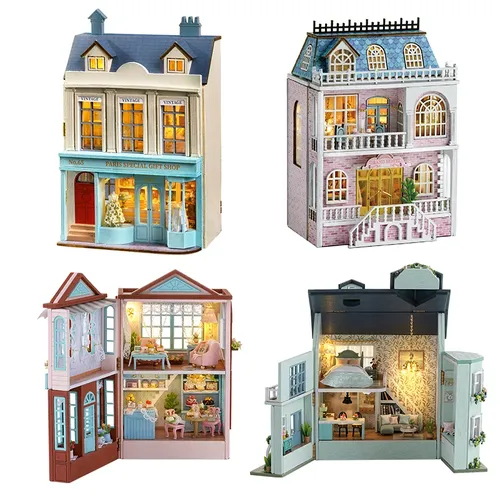 Neue DIY Holz Miniatur Baukasten Puppen häuser mit Möbel Dessert Shop Casa Puppenhaus handgemachte