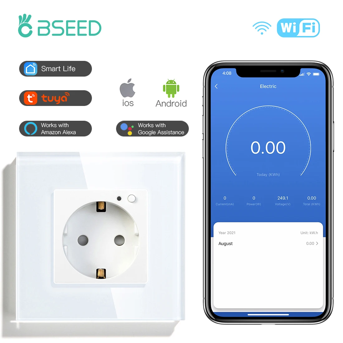 BSEED EU Smart Wifi Control Power Monitor Steckdosen 16A 110V-250V Power-Wandsteckdosen Glaspanel-Unterstützung für Tuya Google Alexa Image