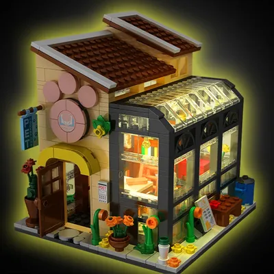 Stadtstraße ansicht Baustein kreative Architektur Ziegel führte Licht Coffeeshop Haus Blumenladen DIY Modell Geschenk für Mädchen Image