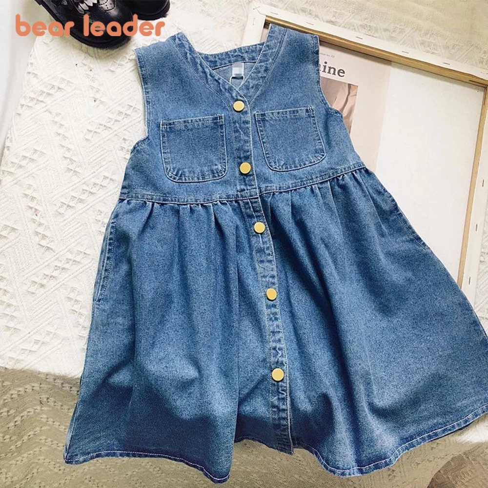 Bear Leader Denim ärmellose Kleider für Babys, Sommermode, neues einfarbiges Freizeitkleid, Kinderkleidung, 2–6 Jahre Image