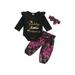 Qtinghua 3Pcs Newborn Baby Girls Fall Outfits Long Sleeve Ruffle Romper+Floral Pants+Headband Set Black 3-6 Months