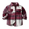 Fimkaul Boys Tops T Shirts Flannel Fleece Jacket Plaid Long Sleeve Lapel Button Down Girls Fall Coat Outwear T-shirts Baby Clothes Wine Red