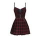 QIANKUN Spring Autumn Preppy Style Gothic Girls Sexy Sling Dress Red Balck Pleated Plaid Women Sleeveless Mini Short Dresses-red and black grid,M