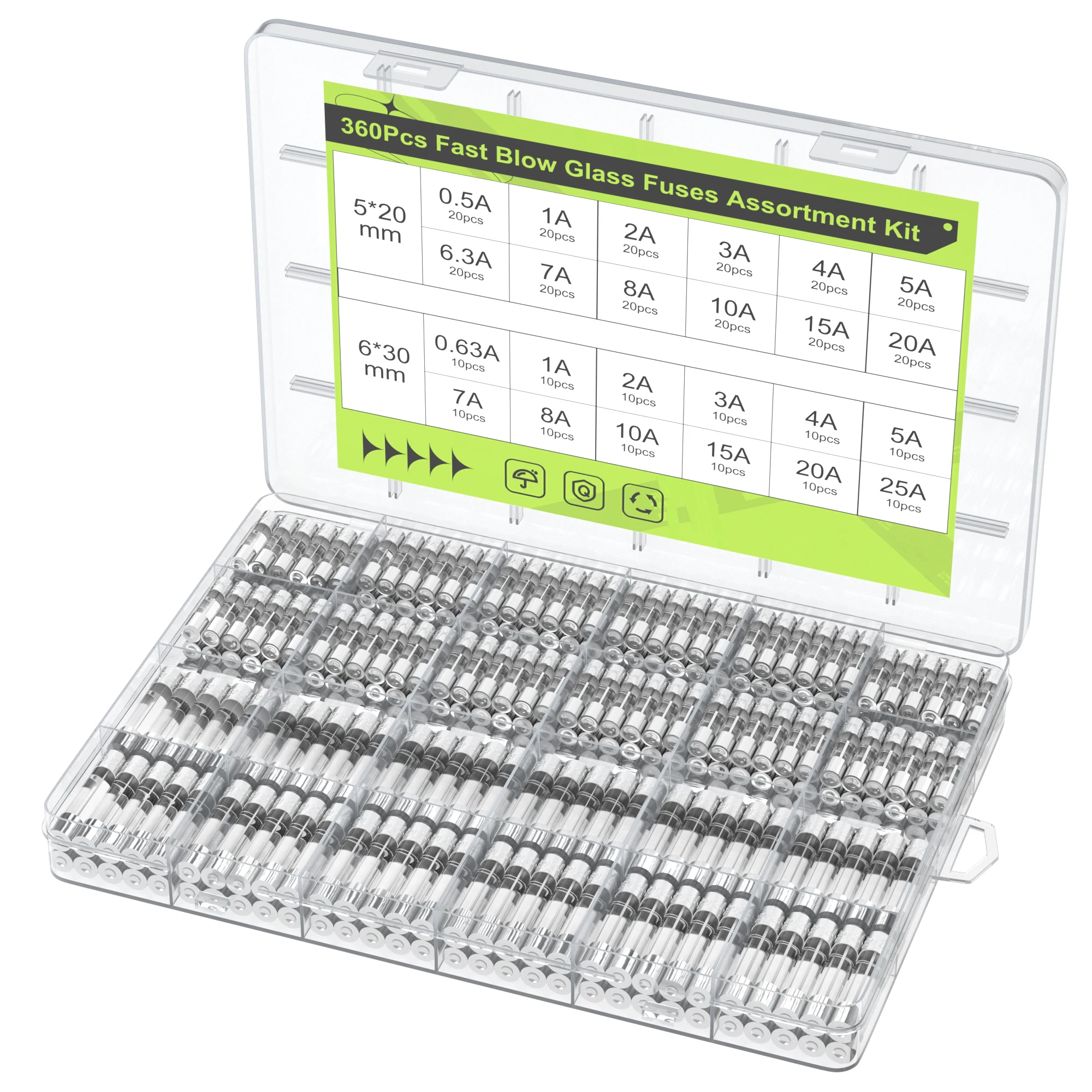 DaierTek 360 pezzi kit assortimento fusibili in vetro ad azione rapida 24 valori kit assortimento fusibili automatici 250 V 5x20 mm e 6x30 mm fusibili per tubi in vetro
