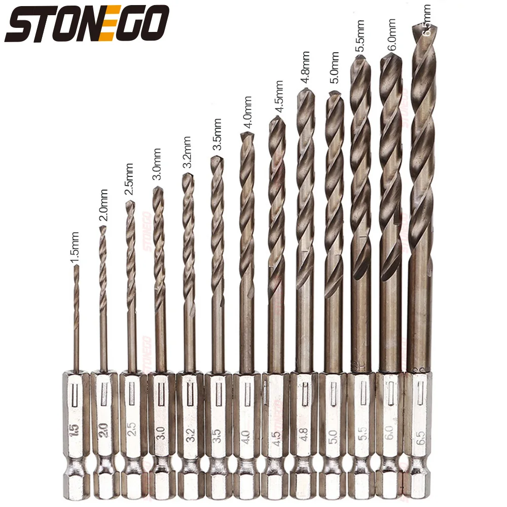 STONEGO 13 pezzi 1,5-6,5 mm M35 punta da trapano al cobalto HSS-Co set di punte elicoidali codolo esagonale da 1/4 di pollice