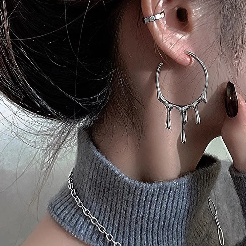 2023 neue Punk Gothic Silber Farbe Lava Tropfen Form Unregelmäßige Große Hoop Ohrringe für Frauen Männer Mode Koreanische Flüssigkeit Metall Schmuck