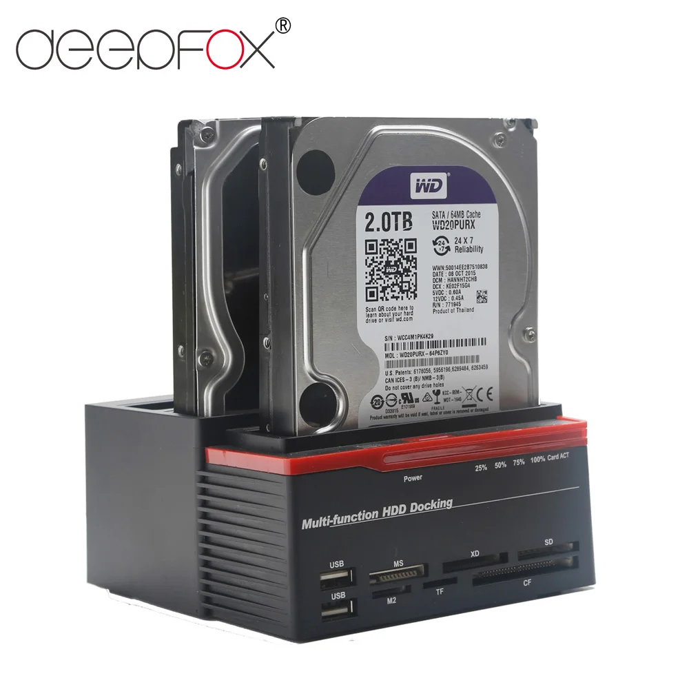 DeepFox 2,5"/3,5" USB 3.0/Typ C auf 2 SATA-Ports 1 IDE-Port HDD Festplatte Festplatten-Dockingstation Kartenleser-Hub mit OTB/OTC Image