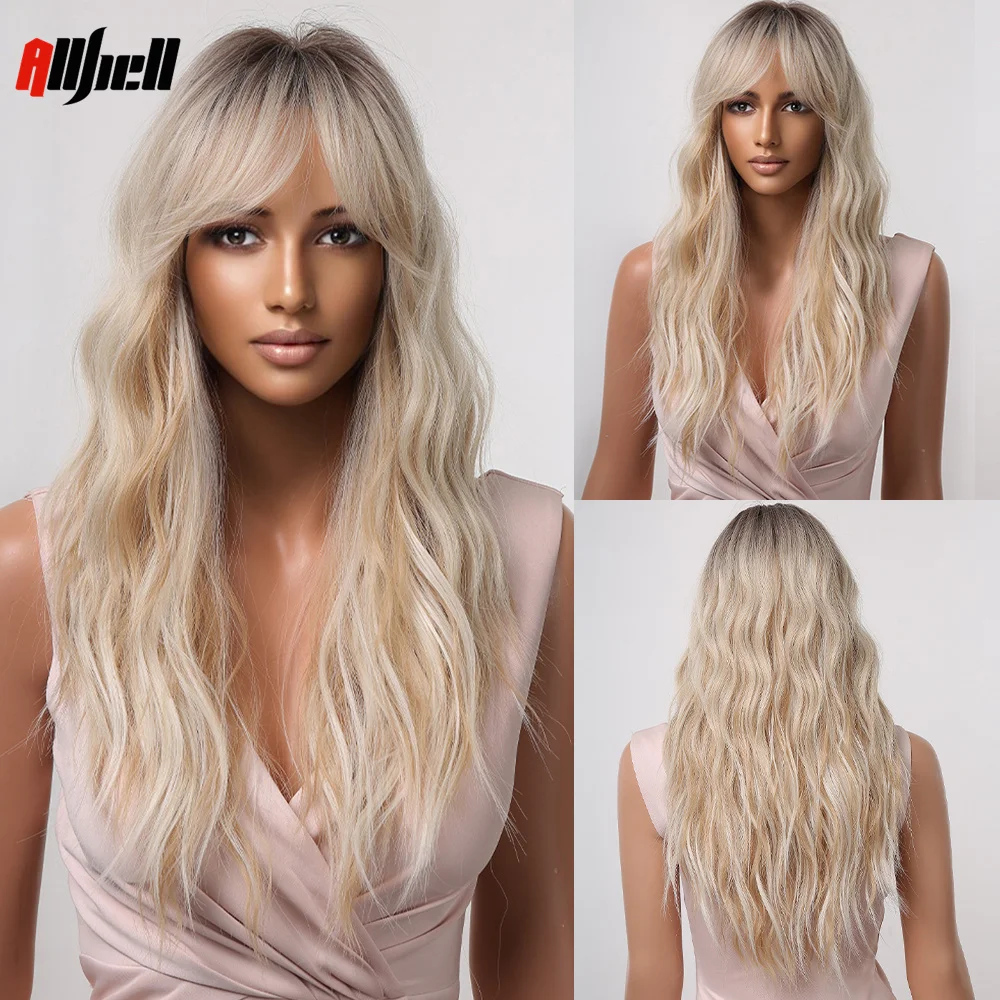 Lange gewellte Ombre-Blondine-Synthetik-Perücke mit Pony für schwarze Frauen, natürliche gewellte Alltagsperücke, Cosplay, natürliche weibliche Perücke, hitzebeständig