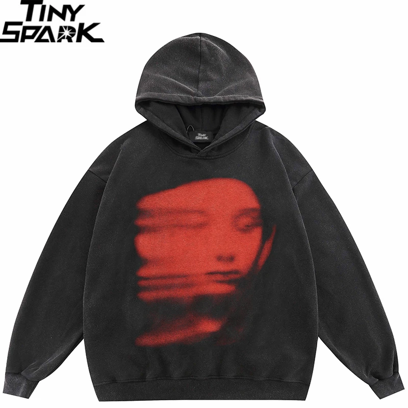 2023 Hip Hop Overs ize Hoodie Sweatshirt Männer Streetwear Gesicht Geist Schatten Grafik Harajuku Retro gewaschen schwarz Kapuze Pullover y2k