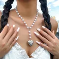 Purui Y2k weiß/rosa Imitation Perlenkette großes Liebes herz mit Blumenmuster Anhänger Halsreif
