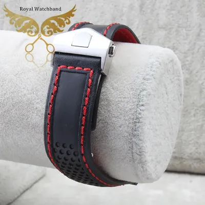 22mm Neue Hohe Qualität Edelstahl Schmetterling Schnalle Rot Genäht Schwarz Echtes Leder Image