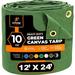 Xpose Safety Canvas Tarp - 10oz Green Poly Canvas Tarps Heavy Duty Water Resistant with Brass Grommets- Multipurpose Outdoor Tarpaulin for Camping Canopy Trailer Equipment Cover 12 x 24