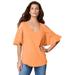 Plus Size Women's Ruffle-Sleeve Top with Cold Shoulder Detail by Roaman's in Orange Melon (Size 14/16)