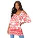 Plus Size Women's Cold-Shoulder Ultra Femme Tunic by Roaman's in Coral Medallion Border (Size 26/28) Long Shirt