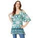 Plus Size Women's Cold-Shoulder Ultra Femme Tunic by Roaman's in Turquoise Medallion Border (Size 12) Long Shirt