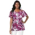 Plus Size Women's Stretch Knit Cold Shoulder Ruffle Tunic by Jessica London in Raspberry Layered Flower (Size 14/16) Long Shirt