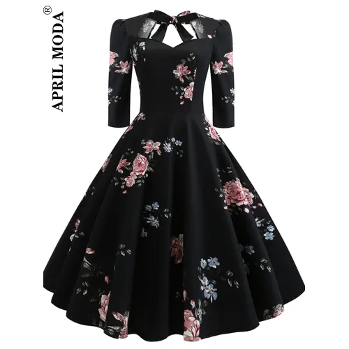 2023 schwarz Blumen gedruckt Vintage Jurken Langarm Hepburn Kleid 1950s 60er 70er Jahre Rockabilly