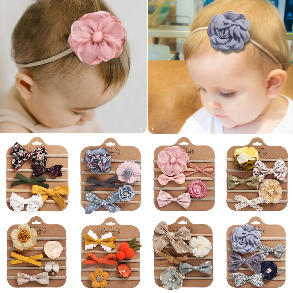 5 Teile/satz Blume Stoff Tuch Bogen Druck Baby Stirnband Elastische Nylon Haar Bands Neugeborenen Fotografie Requisiten Kinder Zubehör Image