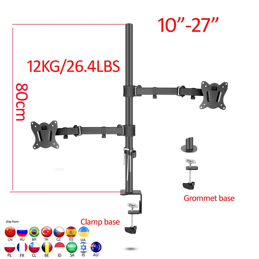 (80 cm) DL-T902-280II Langarm-Kipp- und Schwenkhalterung für 10-27 Zoll Doppelmonitore, Desktop-Ständer, Klemmhalterung, Ösenmontage, PC-Halterung, 12 kg Image
