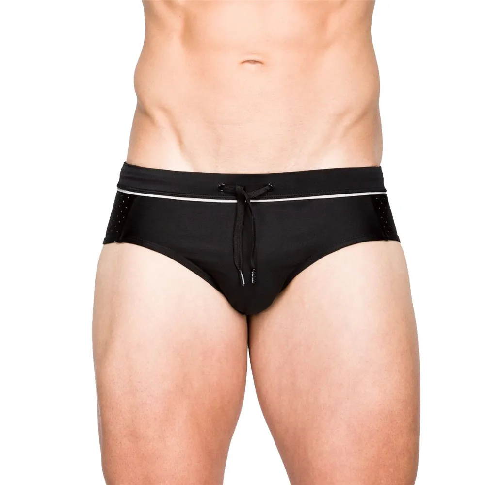 Herren-Bademode, sexy Slip-Bikini-Badehose für Herren, niedrige Taille, schwarze Herren-Shorts, Netzschnur, Surf-Beachwear Image