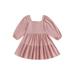 Frobukio Kids Girls Dress Solid Color Square Neck Long Sleeve Dress Fall Casual Princess Dress Beach Dress