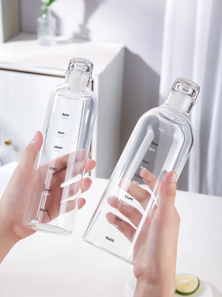 GIANXI 500/750 ml Glasbecher mit Zeitmarkierung, kreative, auslaufsichere Trinkflasche mit großer Kapazität, transparent, Wate, tragbarer Krug, Saft Image