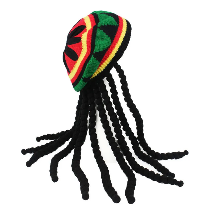 Neue Unisex Gestrickte Zopfmütze Jamaican Bob Rasta Beanie Hüte Hip Hop Cap Dreadlocks Perücke Bob Marley Karibik Kostüm Hut