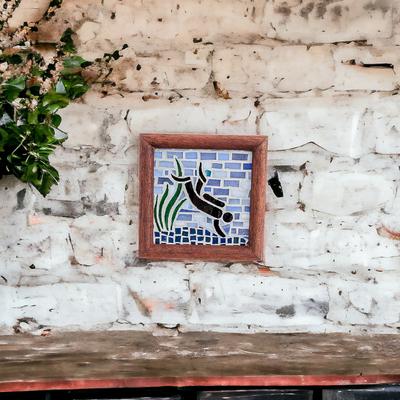 'Scuba Diver-Themed Teak Wood and Glass Mosaic Wall Accent'