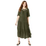 Plus Size Women's Crochet-Yoke Crinkle Dress by Roaman's in Dark Olive Green (Size 20 W)