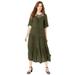 Plus Size Women's Crochet-Yoke Crinkle Dress by Roaman's in Dark Olive Green (Size 20 W)