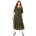 Plus Size Women's Crochet-Yoke Crinkle Dress by Roaman's in Dark Olive Green (Size 24 W)
