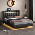 Ivy Bronx Kaspars Modern Platform LED Bed Frame Upholstered/Faux leather in Black | 43.7 H x 64.6 W x 83 D in | Wayfair