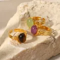 Uworld wasserdichter Edelstahl natürlicher Amethyst Stein Kreis Ausschnitt offener Ring für Frauen