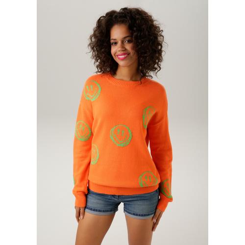 Strickpullover ANISTON CASUAL Gr. 38, bunt (orange, apfelgrün) Damen Pullover mit eingestrickten Smileys