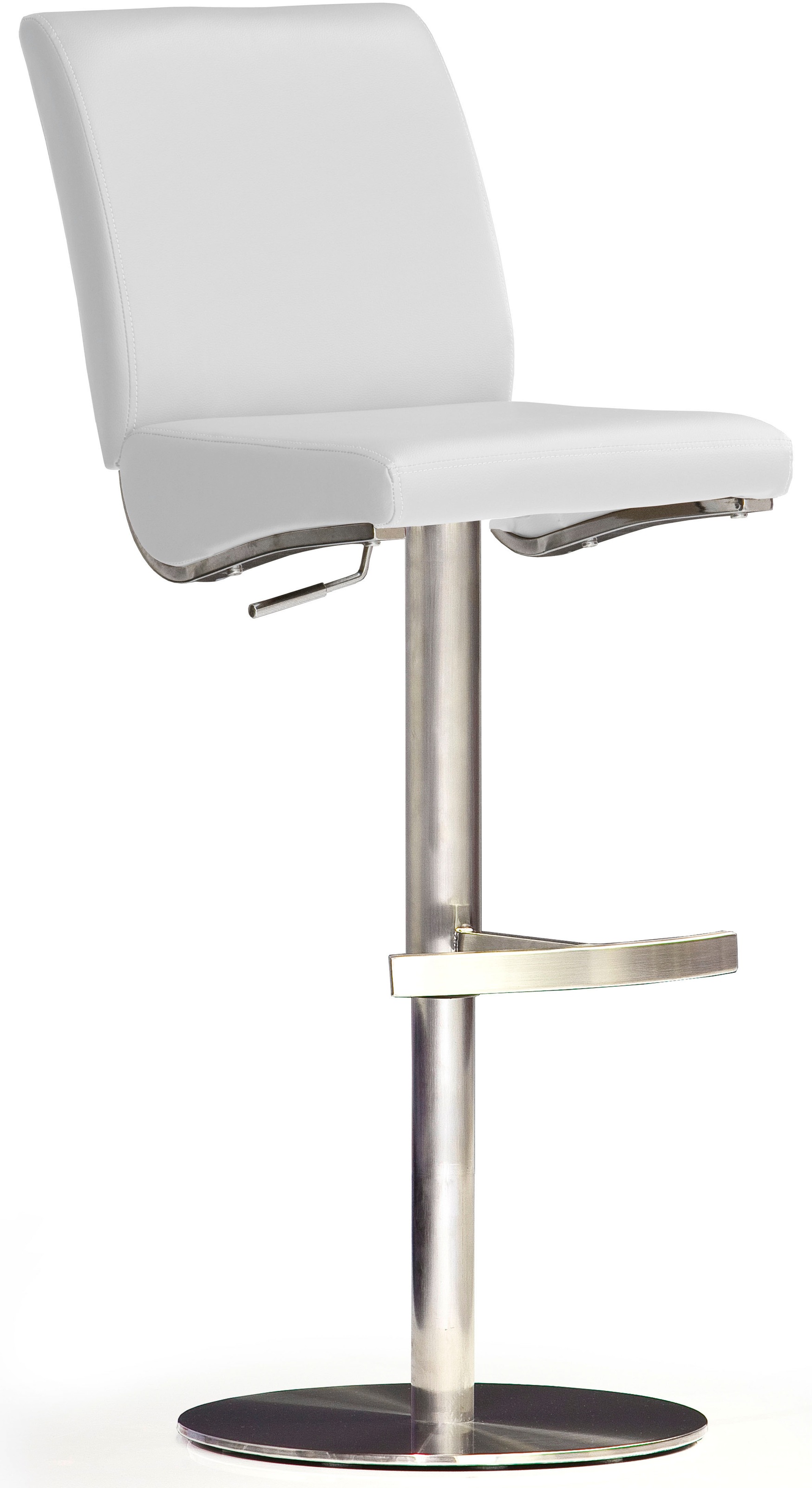 Bistrostuhl MCA FURNITURE "BARBECOOL Barhocker Bistrostuhl Tresenhocker", weiß (weiß, edelstahl gebürstet), B:42cm H:87cm T:50cm, Kunstleder, Stühle, Bistrostuhl, mit Rückenlehne, Bodenplatte rund, 360 drehbar, Sitzhöhe von 55-80cm