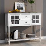 Sideboard Console Table Buffet, Farmhouse Wood/Glass Buffet Storage Cabinet w/2 Storage Drawers, 2 Cabinets & Bottom Shelf,White