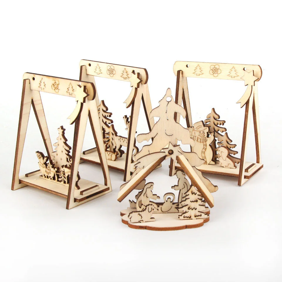 Mini ornements de noël creux en bois, 4 pièces/lot, bricolage créatif, pour la maison, décorations de fête de noël, fournitures cadeaux pour enfants