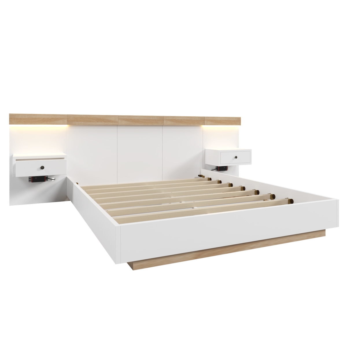Merax Bettanlage Holzbett 160x200 Doppelbett mit 2 LED Nachtkommoden & 1 USB & 1 Type C & 1 Steckdose & Lattenrost Beige & Weiß Image
